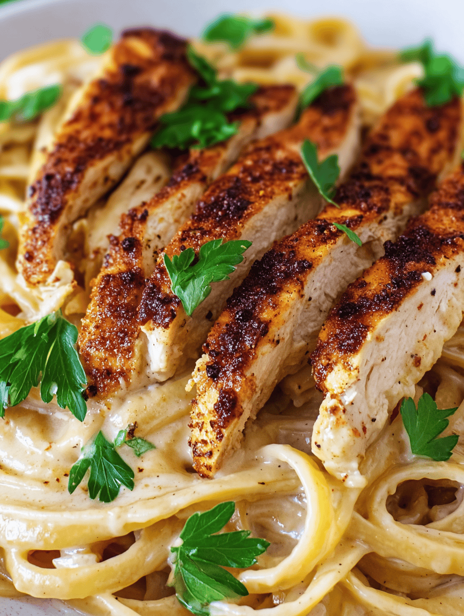 Grilled chicken breast with creamy Alfredo pasta garnished with fresh parsley. Perfect for easy dinner recipes and flavorful Italian dishes.