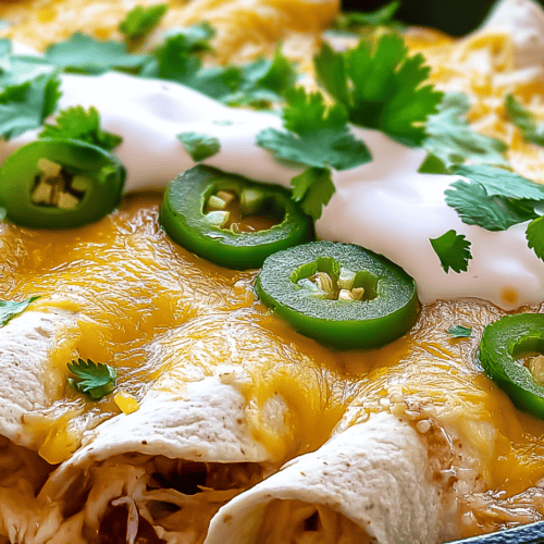 Fresh cheesy Mexican chicken enchiladas garnished with sliced jalapeños and cilantro.