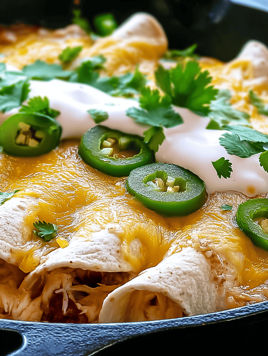 Fresh cheesy Mexican chicken enchiladas garnished with sliced jalapeños and cilantro.
