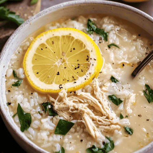 Lemon chicken and rice soup garnished with fresh herbs and black pepper in a cozy bowl.