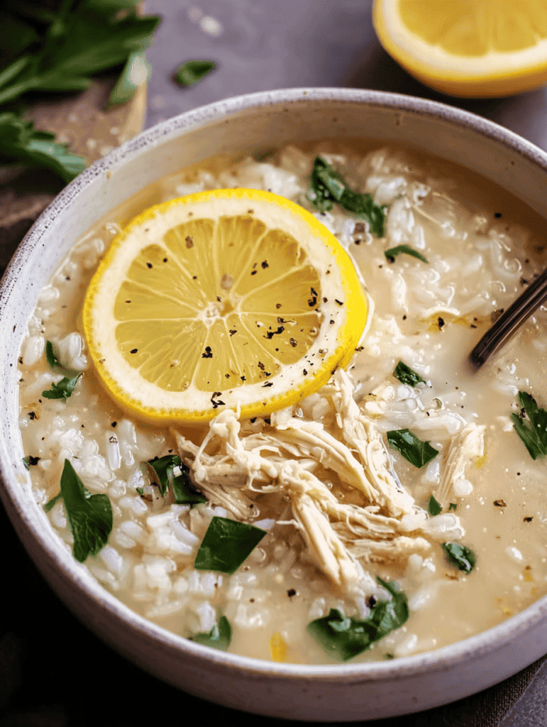 Lemon chicken and rice soup garnished with fresh herbs and black pepper in a cozy bowl.