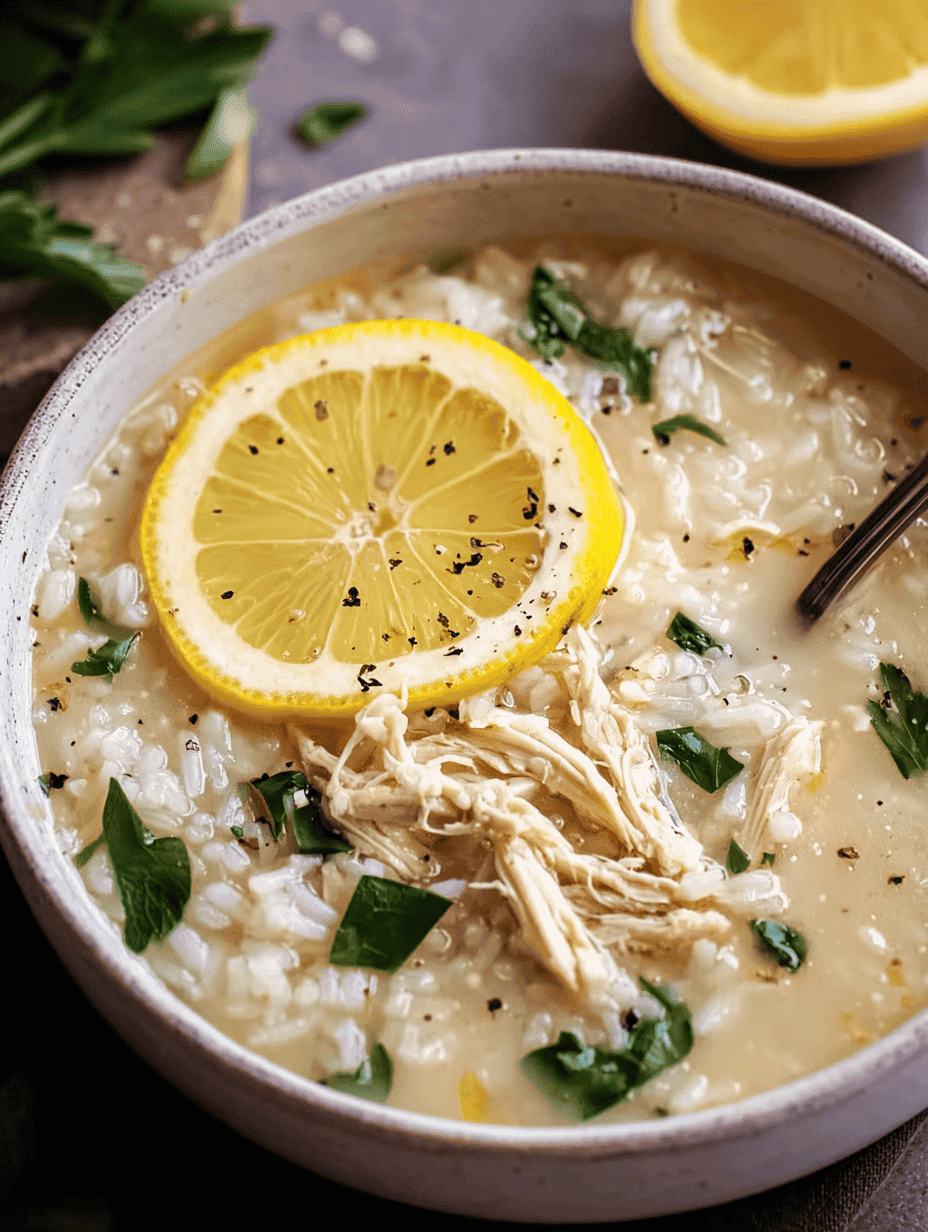 Lemon chicken and rice soup garnished with fresh herbs and black pepper in a cozy bowl.