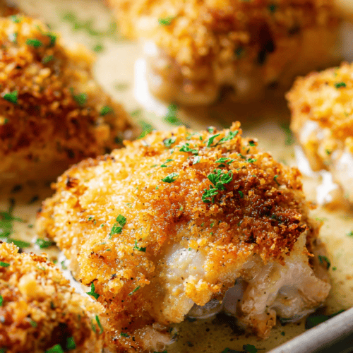 Crunchy baked cauliflower with golden breadcrumb topping in creamy cheese sauce.