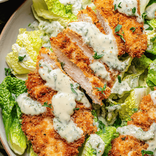 Crispy chicken schnitzel salad with creamy herb dressing and fresh lettuce leaves.