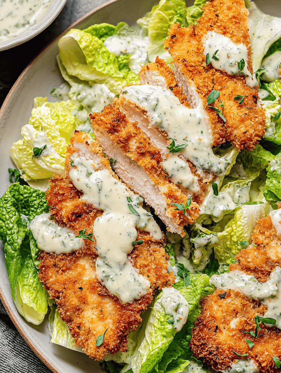 Crispy chicken schnitzel salad with creamy herb dressing and fresh lettuce leaves.