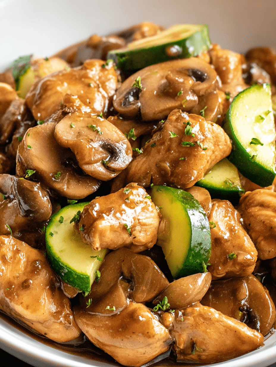 Sautéed chicken with mushrooms and zucchini, cooked in savory sauce, garnished with herbs.