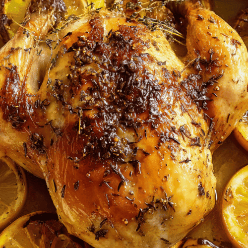 Roast chicken with lemon and herbs in an oven dish.