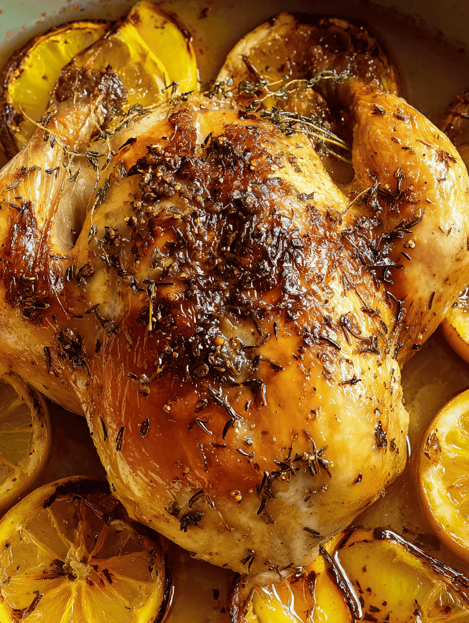 Roast chicken with lemon and herbs in an oven dish.