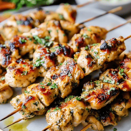 Grilled chicken skewers with herbs on a white plate.