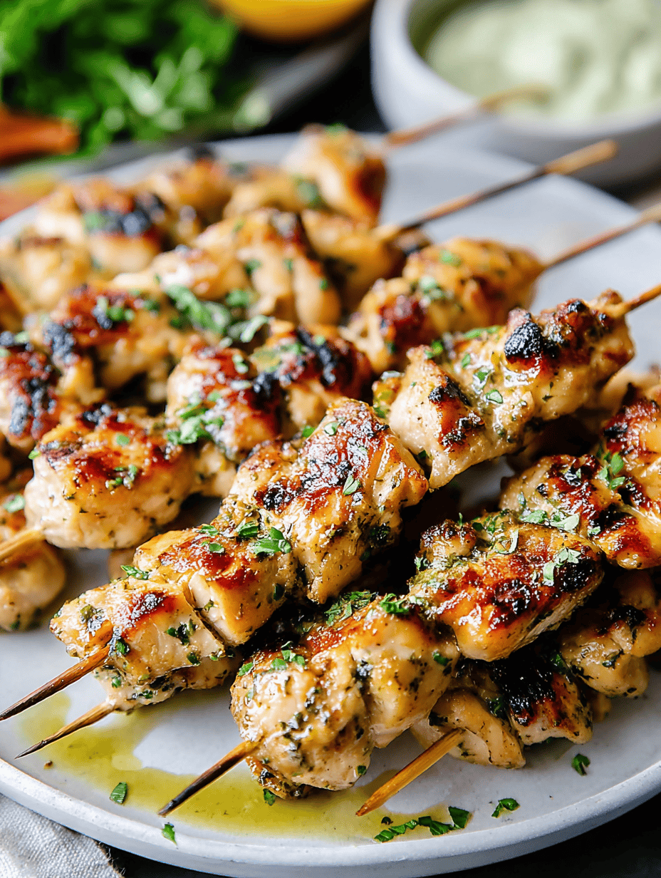 Grilled chicken skewers with herbs on a white plate.