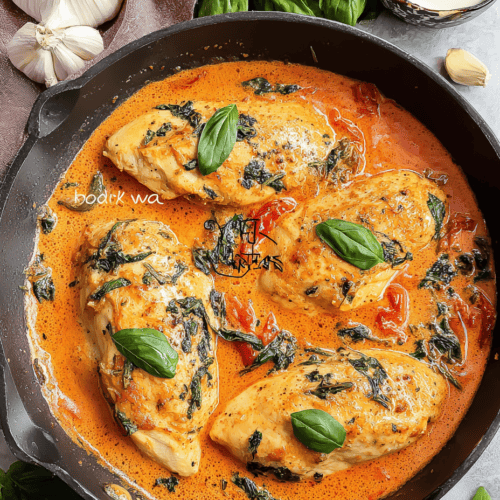 Succulent chicken thighs in a rich tomato and basil sauce, perfect for flavorful dinner recipes.