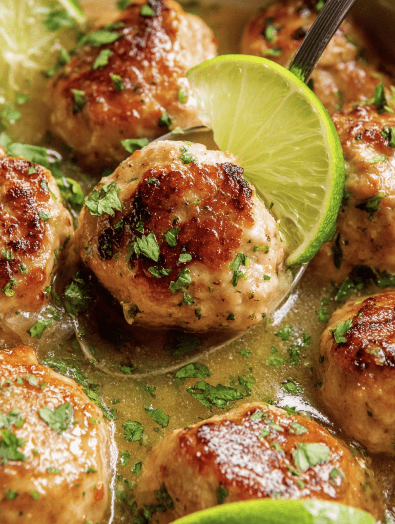 Juicy Mexican meatballs (Albondigas) garnished with cilantro and lime wedge.