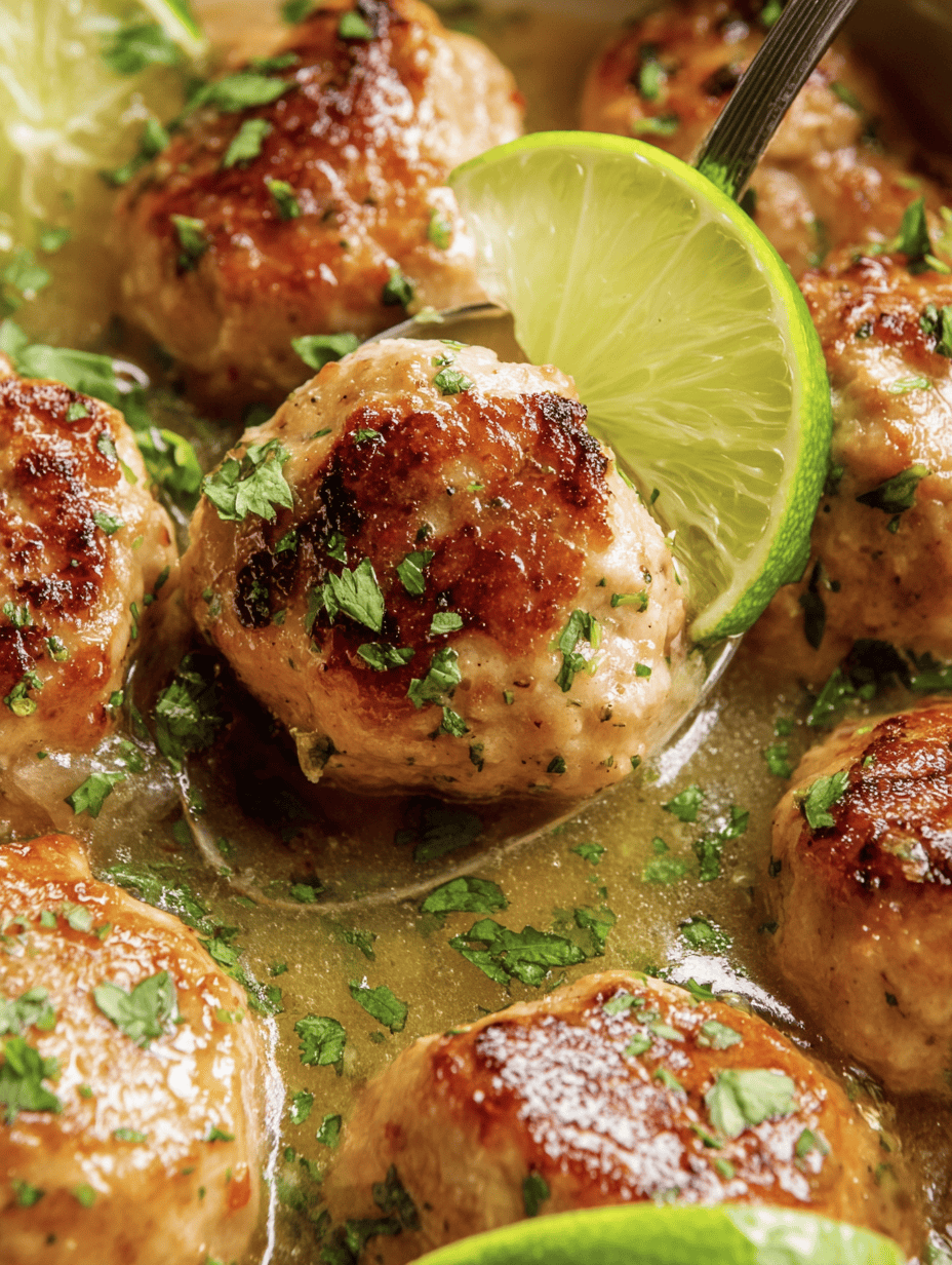 Juicy Mexican meatballs (Albondigas) garnished with cilantro and lime wedge.