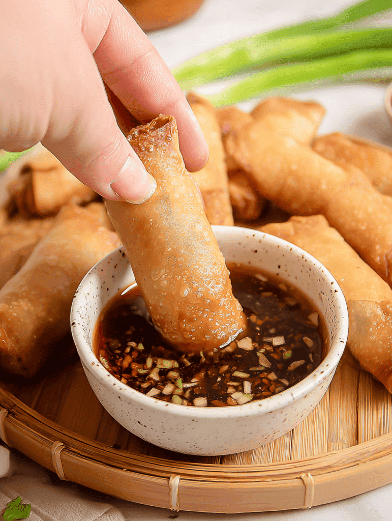 Crispy spring roll dipped in soy sauce on bamboo tray.