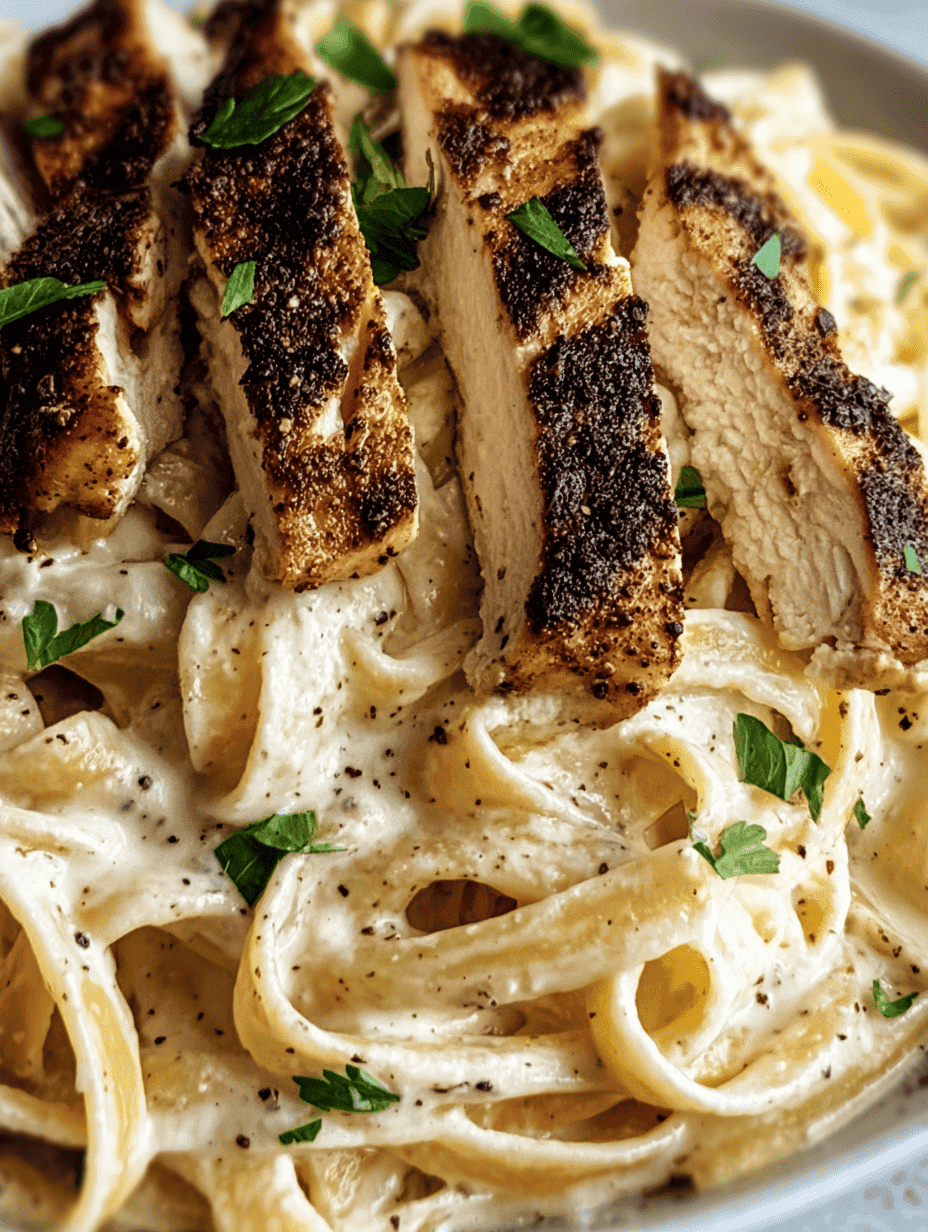 Savory chicken with creamy Alfredo pasta and grilled chicken, garnished with fresh herbs.