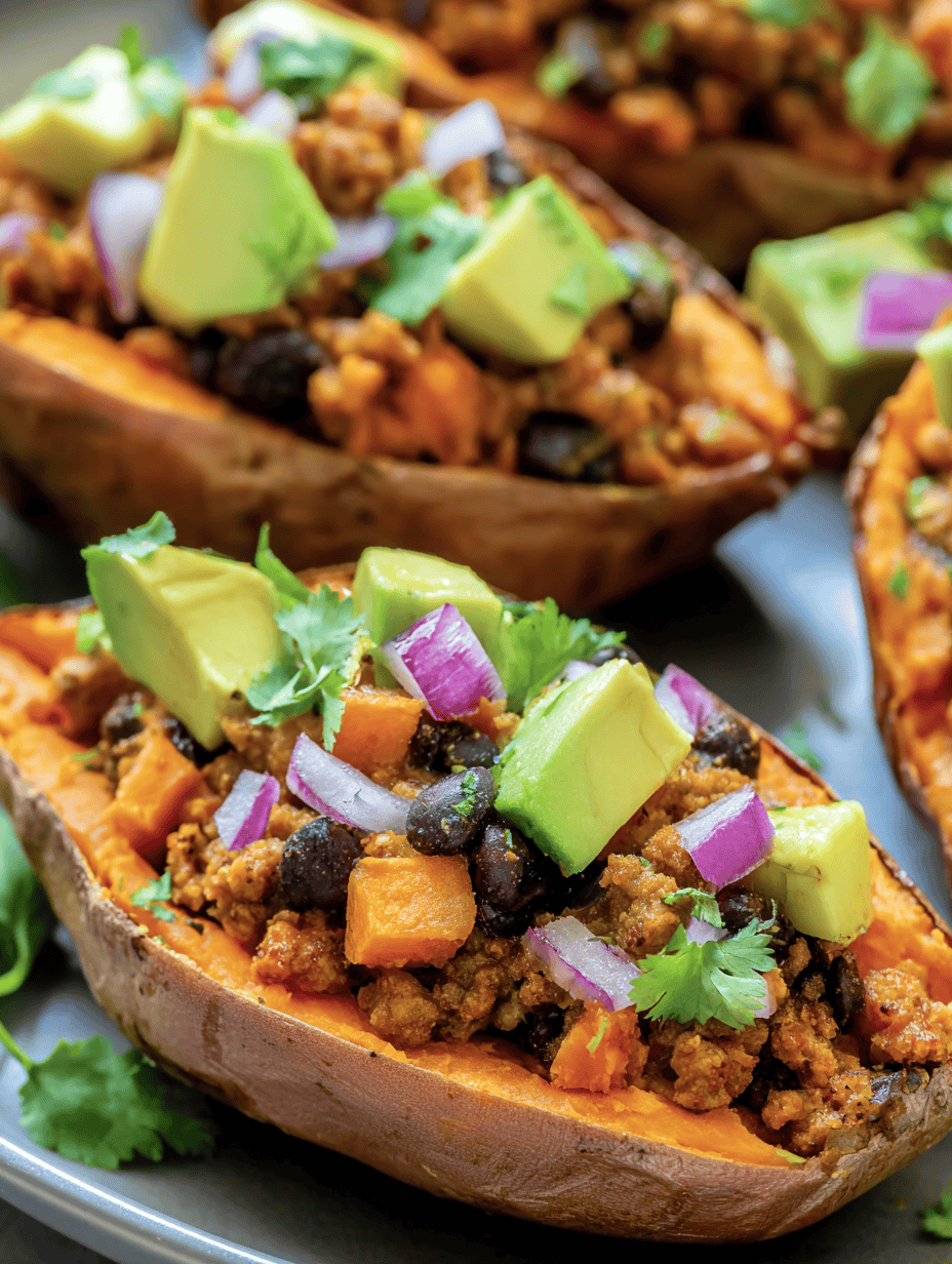 Savory stuffed sweet potatoes with black beans, avocado, and fresh herbs.
