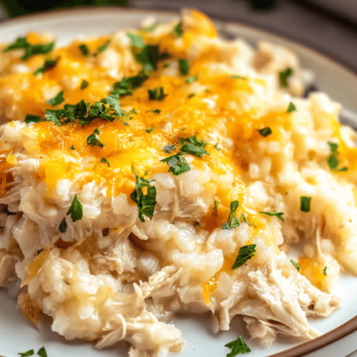Creamy chicken and cheese casserole with herbs, served on a white plate, close-up.