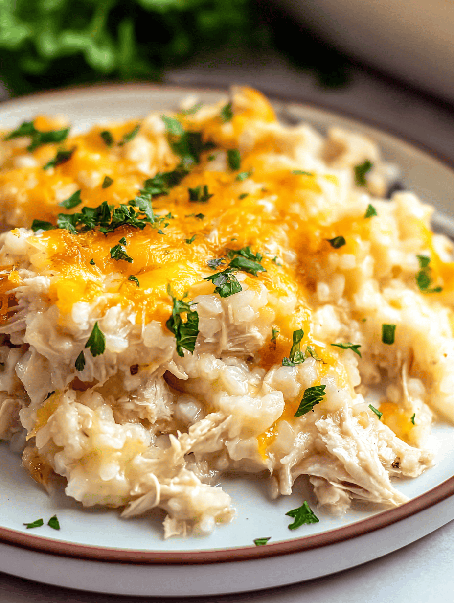 Creamy chicken and cheese casserole with herbs, served on a white plate, close-up.