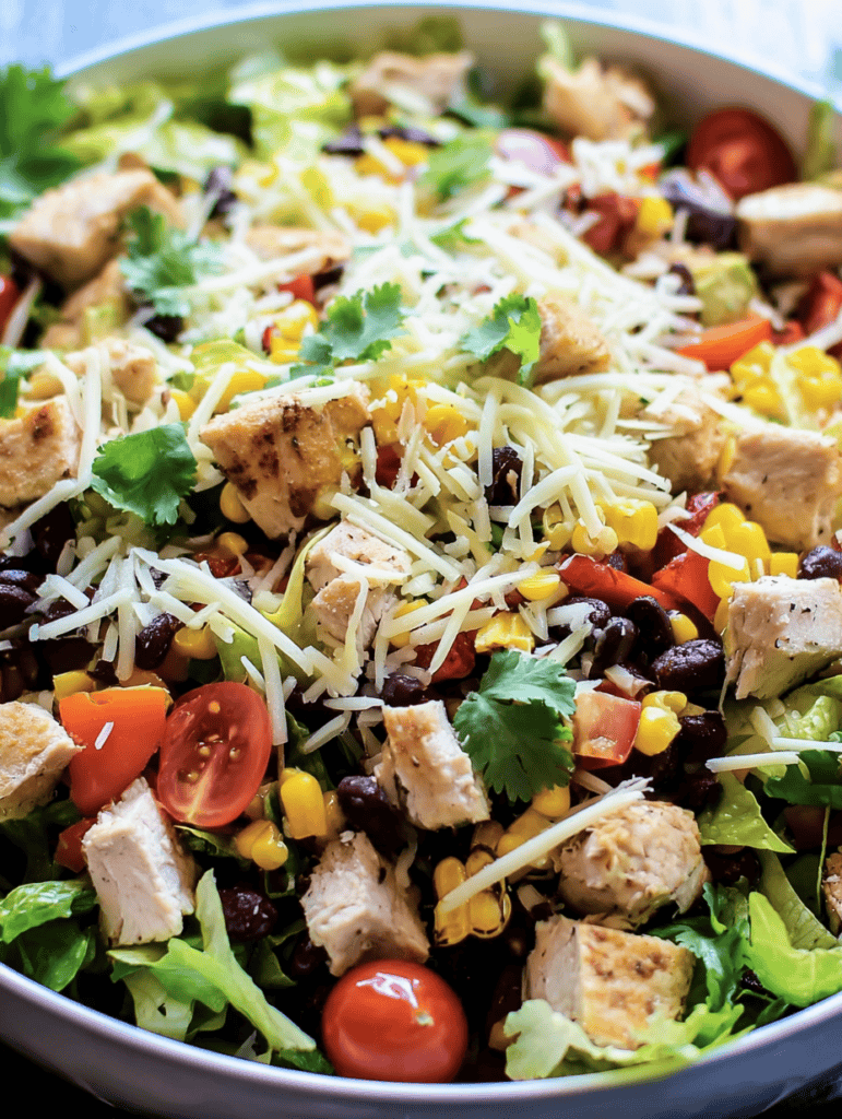 Fresh chicken taco salad with lettuce, cherry tomatoes, shredded cheese, corn, black beans, and cilantro in a bowl.