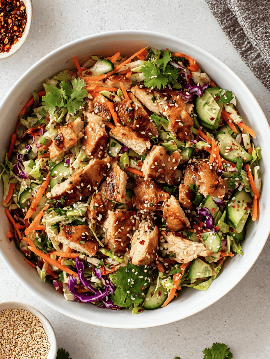 Fresh Asian-inspired chicken salad with mixed vegetables and sesame seeds in a white bowl.