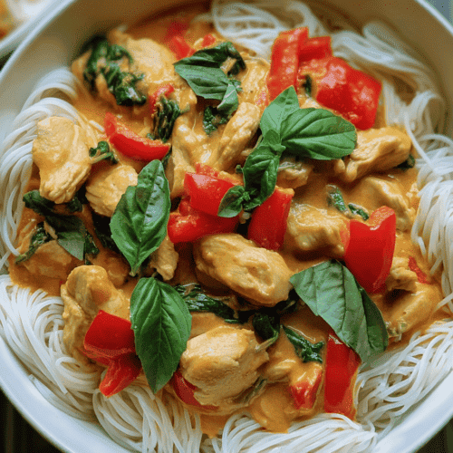 Creamy chicken coconut curry with vegetables on rice noodles.