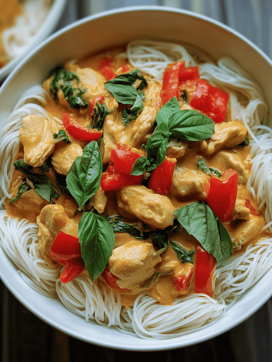 Creamy chicken coconut curry with vegetables on rice noodles.