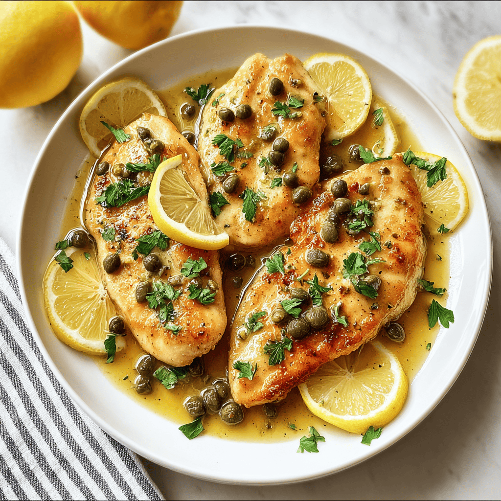Succulent lemon chicken breast with capers and parsley in a lemon butter sauce, served with lemon slices. Perfect for a fresh, flavorful meal.