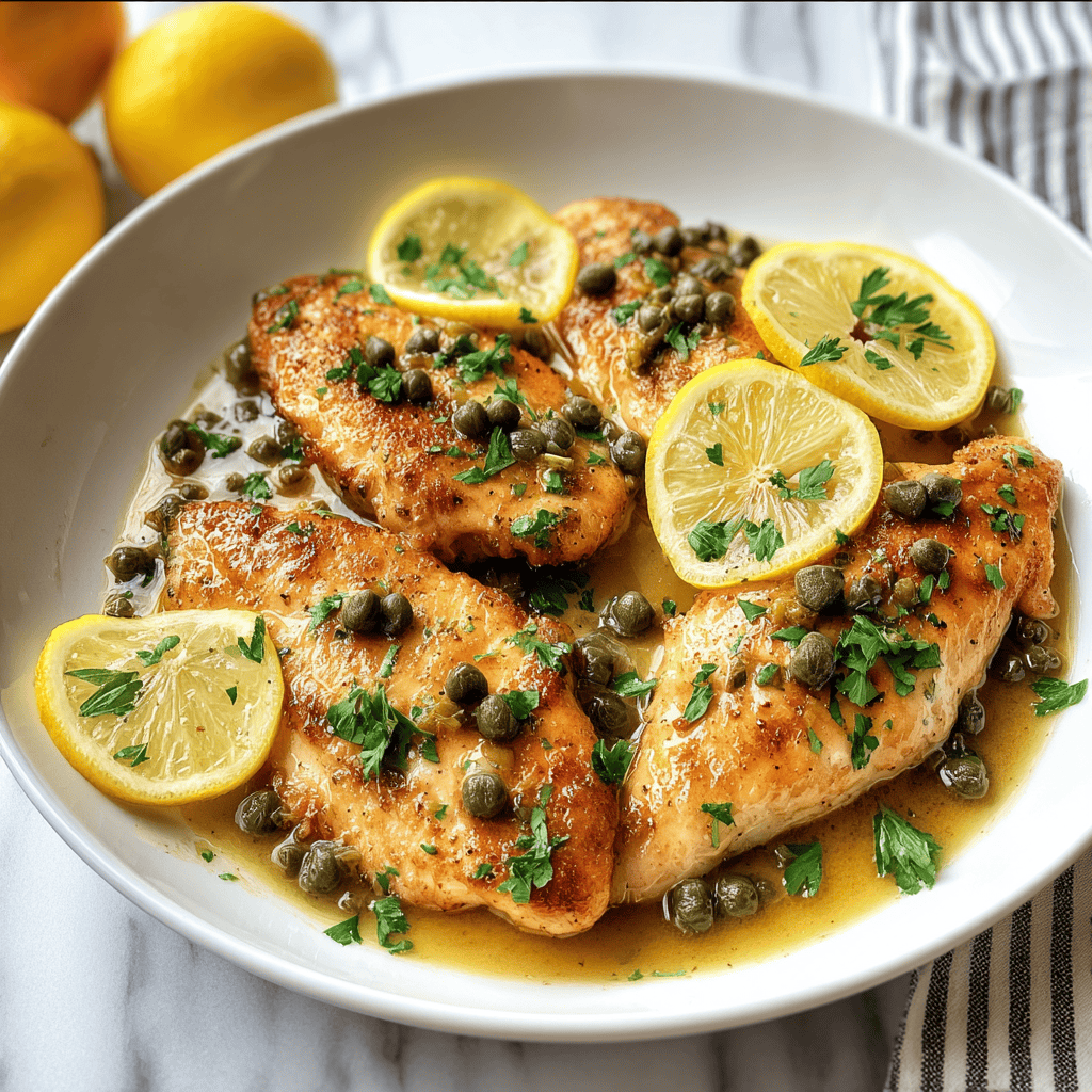 Juicy lemon chicken breasts with capers and fresh herbs on a white plate.