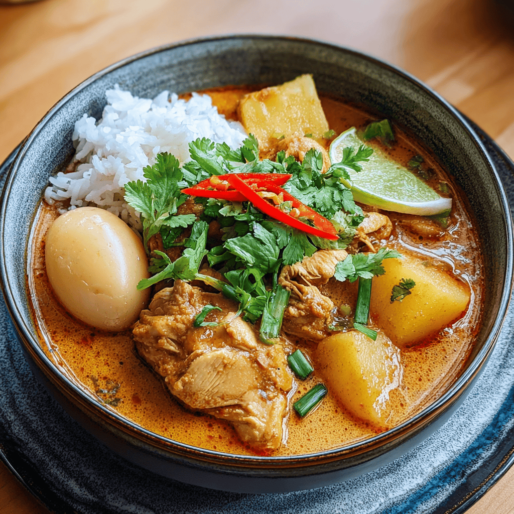 Savory Thai curry with chicken, potatoes, boiled egg, and rice in a black bowl.