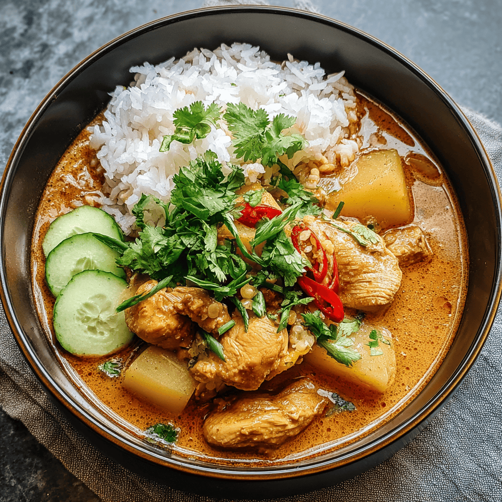 Savory chicken curry with potatoes, rice, and fresh herbs on black bowl.