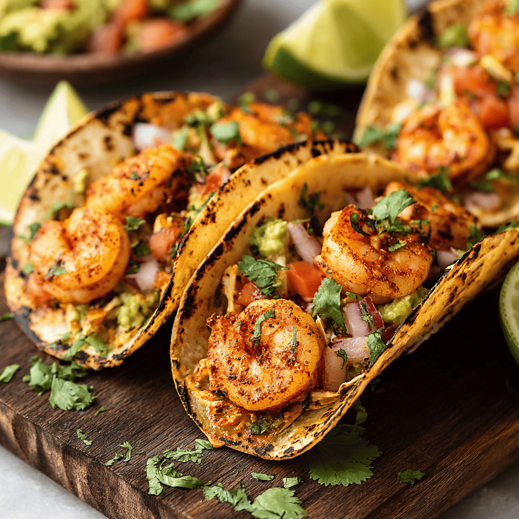 Grilled shrimp tacos with fresh salsa and cilantro on corn tortillas, served with lime wedges.