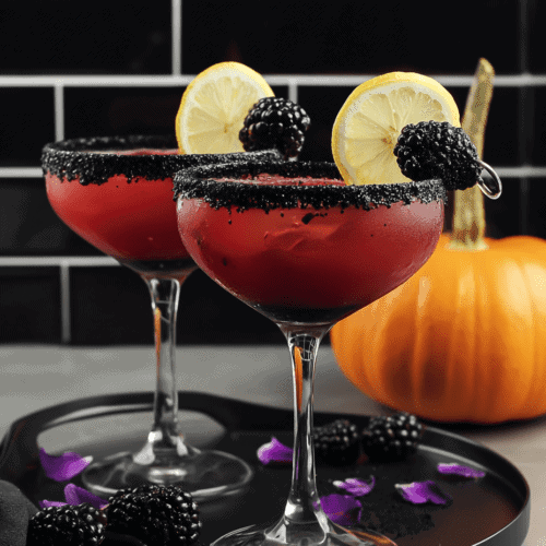 Vampire Halloween cocktails with black sugar rim and blackberry garnish.