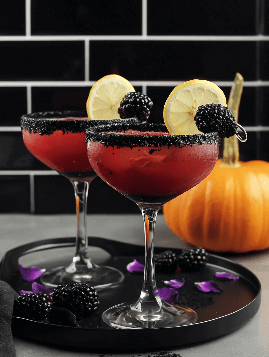 Vampire Halloween cocktails with black sugar rim and blackberry garnish.