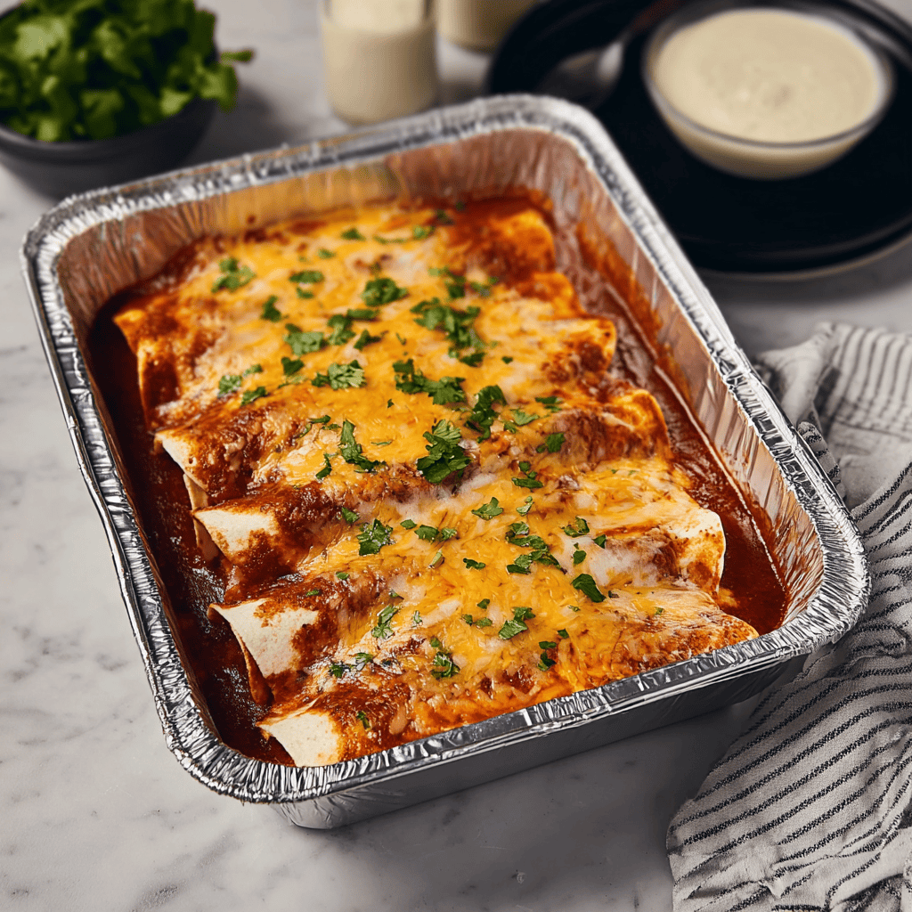 Cheesy baked enchiladas in a foil tray with melted cheese and fresh cilantro on top.