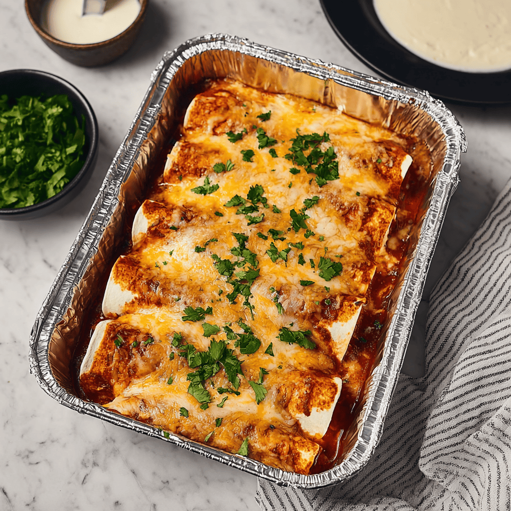 Baked enchiladas in foil pan topped with melted cheese and fresh cilantro. Delicious Mexican-style casserole perfect for dinner.