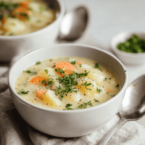 Creamy potato and egg soup with herbs, served in a white bowl on a rustic cloth.
