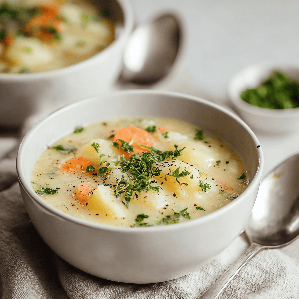 Creamy potato and egg soup with herbs, served in a white bowl on a rustic cloth.