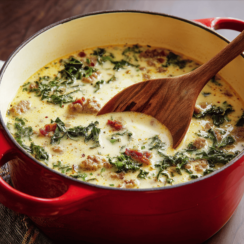 Savory kale and sausage soup in a red pot with a wooden spoon.