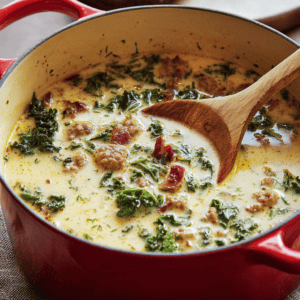 Creamy sausage kale soup in a red pot, hearty and comforting dinner option.