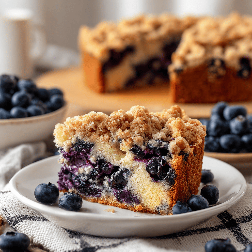 Blueberry crumb cake with fresh blueberries on a white plate, close-up shot.