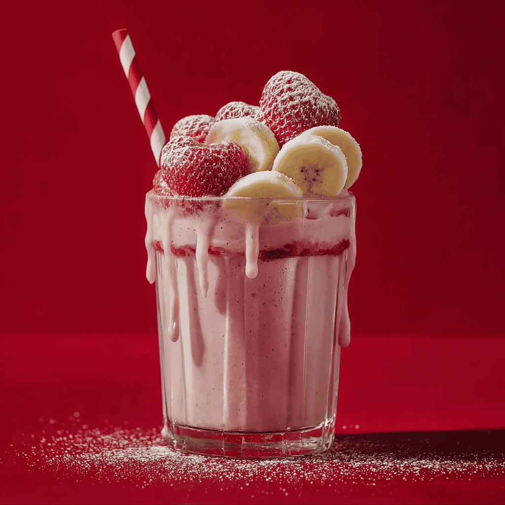 Fresh strawberry banana smoothie with whipped cream and chocolate drizzle, served in a glass with a striped straw, against a vibrant red background.