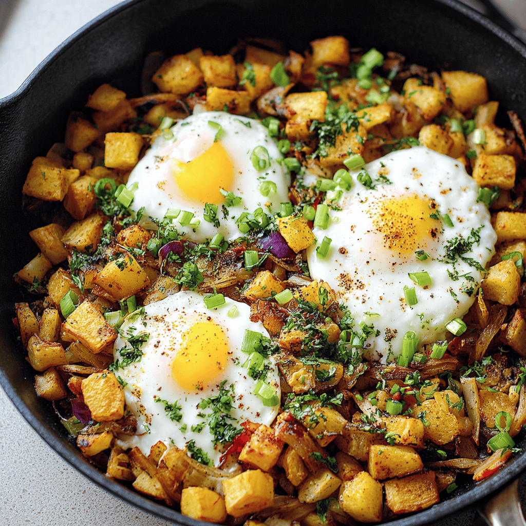 Crispy breakfast skillet with eggs, potatoes, and vegetables in a cast iron pan.