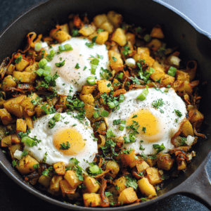 Golden breakfast skillet with hash browns, poached eggs, and fresh herbs, served in a cast iron pan.