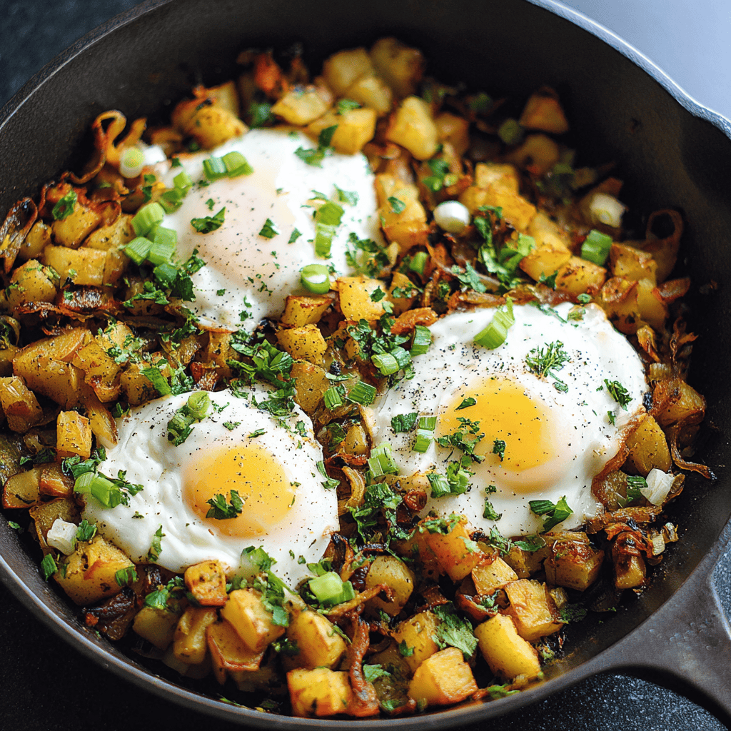 Golden breakfast skillet with hash browns, poached eggs, and fresh herbs, served in a cast iron pan.