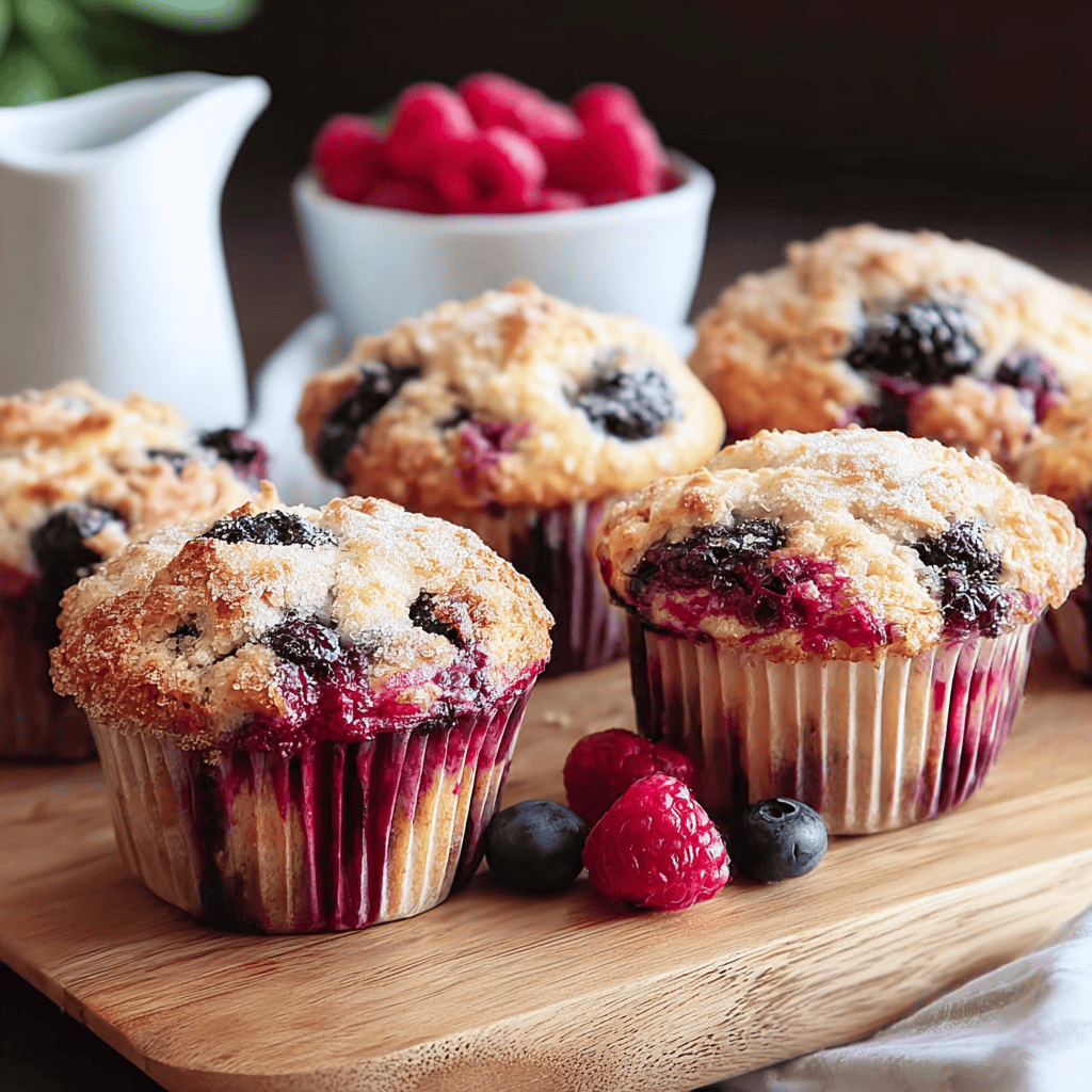 Fresh berry muffins with crumb toppings on wooden serving board.