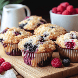 Fresh mixed berry muffins with crumb topping on a wooden board, surrounded by raspberries and blueberries.