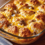 Golden baked meatball casserole with melted cheese and savory gravy, perfect comfort dish.