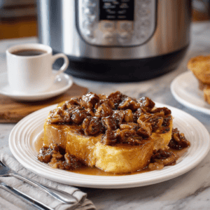 Sweet French toast with caramelized mushroom topping for breakfast or brunch. Perfect comfort food, served with coffee.