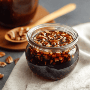 Rich caramelized pecans in a glass jar, perfect for desserts and snacking.