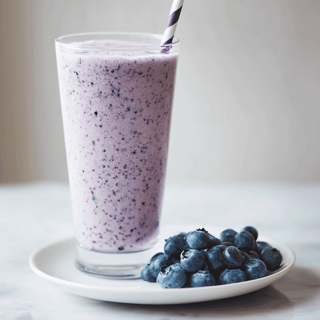 Creamy blueberry smoothie with fresh blueberries on a white plate. Perfect healthy dessert recipe.